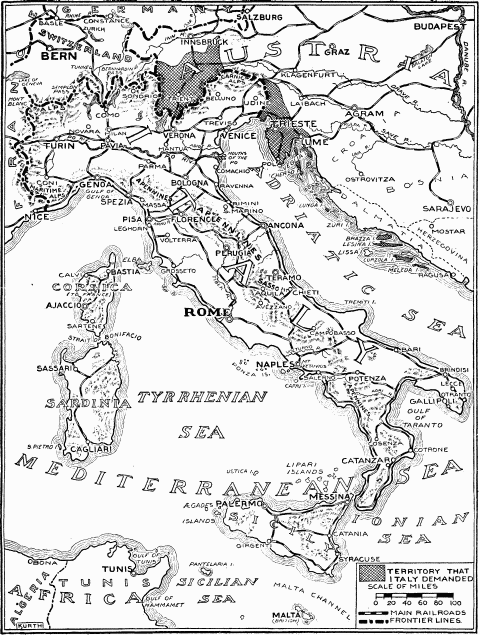 Italy and the Austrian Frontier—The shaded portions on the Austrian frontier represent the provinces of Italia Irredenta, which Italy would win back.