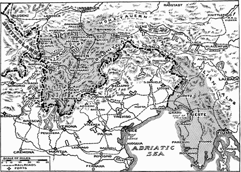 Detail map of the frontier between Italy and Austria. The shaded portion shows territory demanded by Italy.