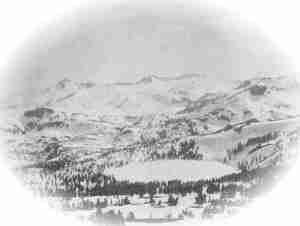 Gilmore Lake, Pyramid Peak and the Crystal Range, in winter, from summit of Mount Tallac