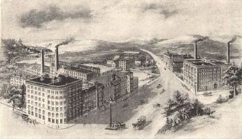 Bird's-eye View of Walter Baker & Co.'s Mills. Dorchester and Milton, Mass. Floor Space, 350,000 Square Feet.