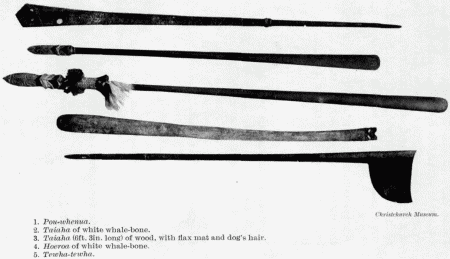 Christchurch Museum  1. Pou-wherma. 2. Taiaha of white whale-bone. 3. Taiaha (6ft. 3in. long) of wood, with flax mat and dog's hair. 4. Hoeroa of white whale-bone. 5. Tewha-tewha.