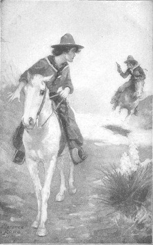 THE RIDER SLEWED IN THE SADDLE WITH HIS WHOLE ATTENTION UPON POSSIBLE PURSUIT. Frontispiece. Page 33