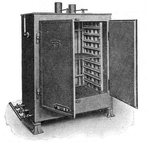 Fig. 13.—Portable Gas Heated Japanning and Enamelling Stove fitted with Shelves, Thermometer, etc.