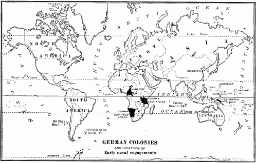 GERMAN COLONIES and locations of early naval engagements.