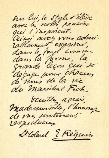 Page 2 of hand-written letter from Lt.-Colonel E. Réquin to Clara Laughlin.]