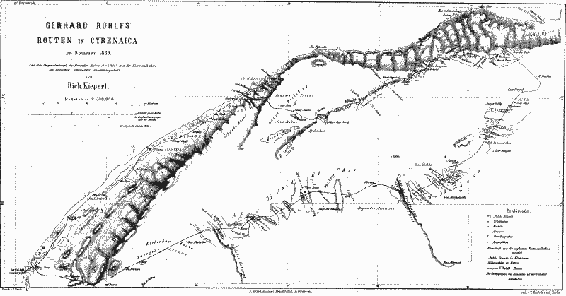 [Illustration: GERHARD ROHLFS' ROUTEN IN CYRENAICA im Sommer 1869. Nach dem Originalentwurfe des Reisenden Maßstab c'a 1:150,000 und der Küstenaufnahme der britischen Admiralität zusammengestellt von Rich. Kiepert. Maßstab in 1:500,000.]