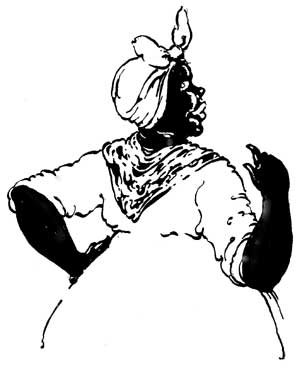 Black Mumbo, who is visually stereotyped as a "mammy" character with a tied kerchief on her head and exaggerated lips.