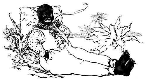 Black Jumbo, who is visually stereotyped in a recumbent position and smoking a pipe, meant to imply a white supremacist idea of laziness, as well as showing the exaggerated white lips evocative of blackface performance.