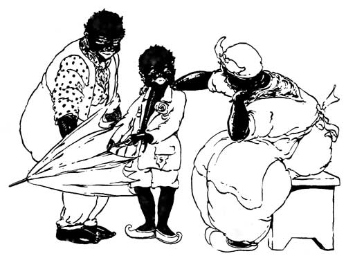 Sambo with his family; all three are visually sterotyped as before, with particular exaggeration of the lips in contrast with the very dark skin.