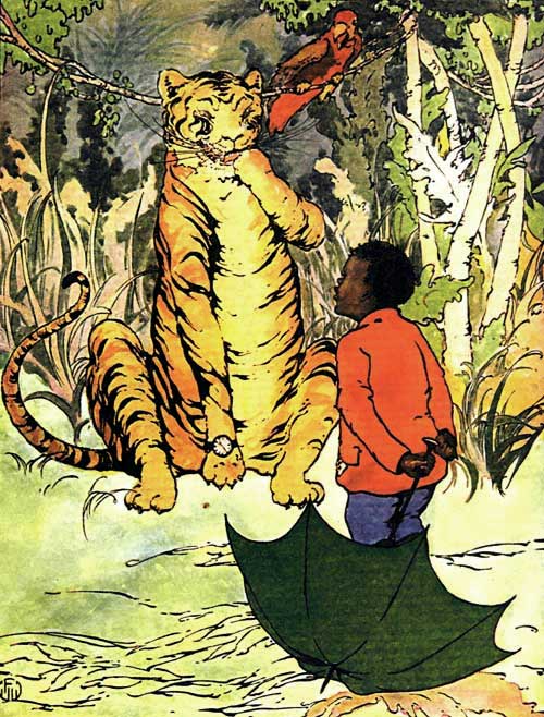 "Little Black Sambo, I'm going to eat you up!" The tiger looks at Sambo, who is holding a green umbrella.