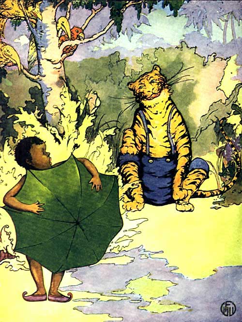 I'll give you my beautiful little Purple Shoes. Sambo is shown hiding behind his green umbrella while the tiger, in trousers, looks on. Again we see visual sterotyping and exaggeration in the face, particularly the lips, and the culturally stereotyped shoes.