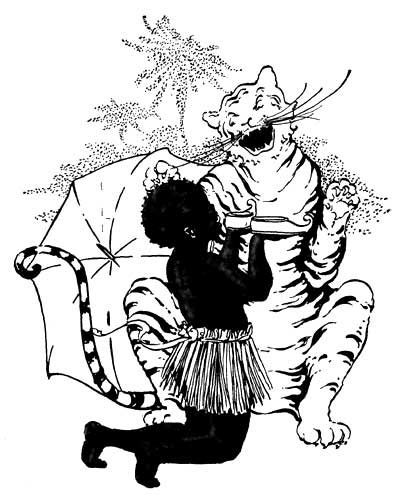 Sambo kneels in a submissive posture, wearing a grass skirt and offering his shoes to the tiger.