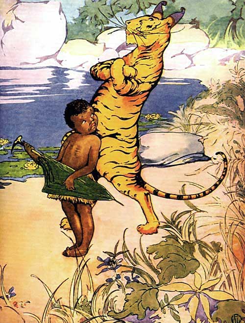 Sambo holding his green umbrella to cover himself now that he is without clothes, once again stereotyped with exaggerated features and in a submissive/lesser-than stance compared to the upright tiger.