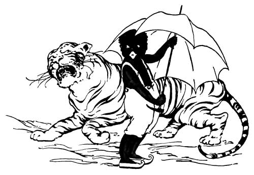 The tiger and Sambo under the green umbrella; here Sambo once again has highly contrasted whites of the eyes as well as lips, both reminiscent of visual stereotypes.