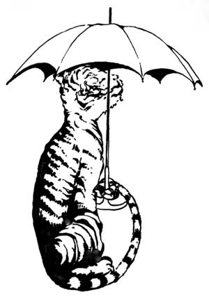 Tiger holding the umbrella with his tail.