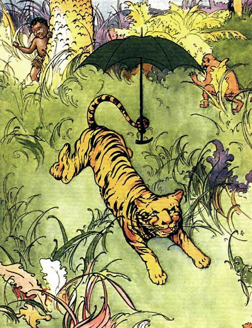 Tiger with the umbrella, with Sambo in a grass skirt behind him.