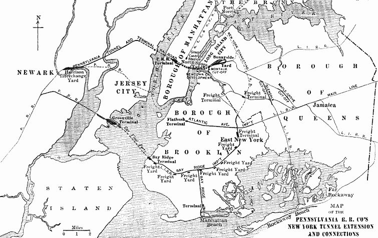 Fig. 1. (Full page image) MAP OF THE PENNSYLVANIA R. R. CO'S NEW YORK TUNNEL EXTENSION AND CONNECTIONS.