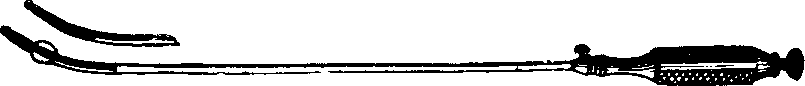 Illustration: Fig. 4. WHITE'S HYSTEROTOME.  In operating, this instrument is introduced into the canal of the neck of the womb, when a thumb screw in the end of the handle is turned, by which a small blade is thrown out from each side, and as the instrument is withdrawn from the canal an incision is made on each side, thus enlarging the passage. The upper figure illustrates the instrument closed, ready for introduction; the lower one, with the blades projected for cutting.