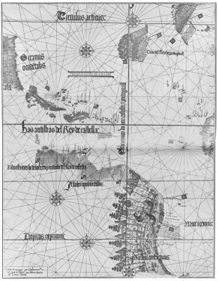 The New World in the Cantino Chart of 1502, showing the state of geographical knowledge at the time of the death of Columbus.