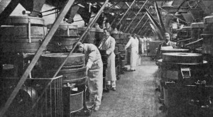 CACAO GRINDING. A battery of horizontal grinding mills, by which the cacao nibs are ground to paste (Messrs. Cadbury Bros., Bournville.)