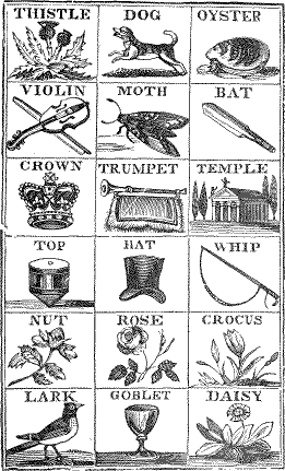 Example image of words with accompanying icons: thistle, dog, oyster, violin, moth, bat (the cricket kind), etc.