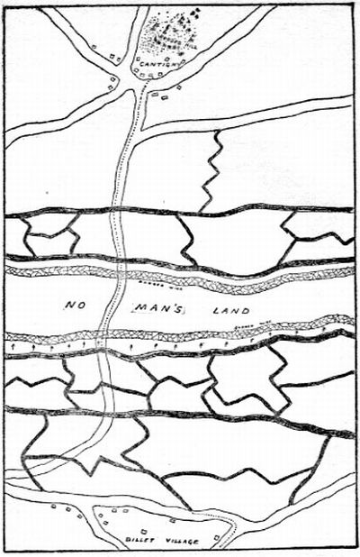 SHOWING WHERE THE AMERICANS WERE BILLETED: CANTIGNY, WHICH THEY CAPTURED AND THE ROUTE TAKEN BY TOM AND THE CARRIERS. ARROWS SHOW THE AREA OF ATTACK.