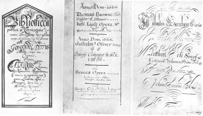 The Vellum Book.  Title-page and two other pages of the Donation  Book begun in 1659