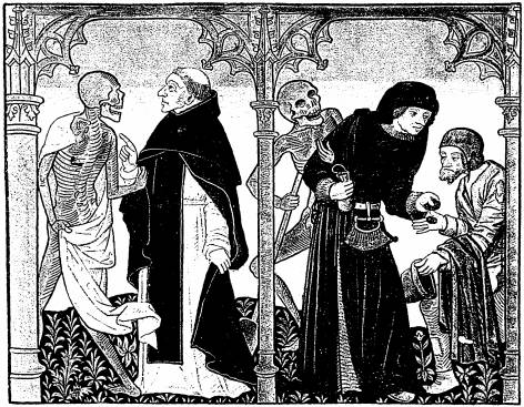 Illustration: De gauche à droite: 1. Le mort, le moine; 2. le mort, l'usurier, le pauvre homme recevant l'aumône de l'usurier.