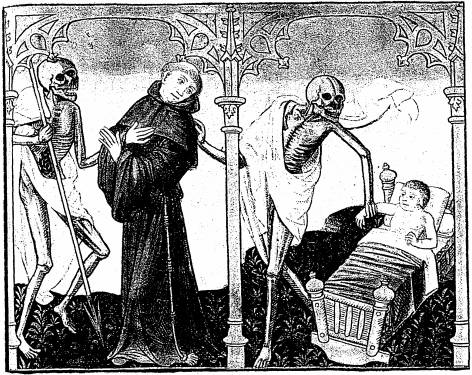 Illustration: De gauche à droite: 1. le mort, le cordelier; 2. le mort, l'enfant au berceau.