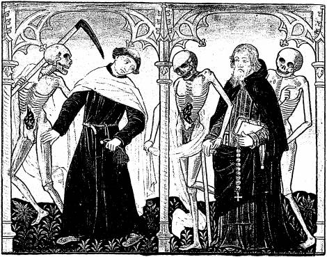Illustration: De gauche à droite: 1. Le mort, le clerc; 2. le mort, l'ermite, le mort.