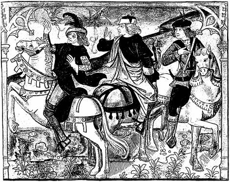 Illustration: Trois beaux hommes à cheval, regardant vers la gauche (sur la page de droite, en face de l'illustration montrant l'ermite et les trois morts)