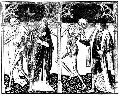 Illustration: De gauche à droite: 1. le mort, l'archevêque; 2. le mort, le chevalier.