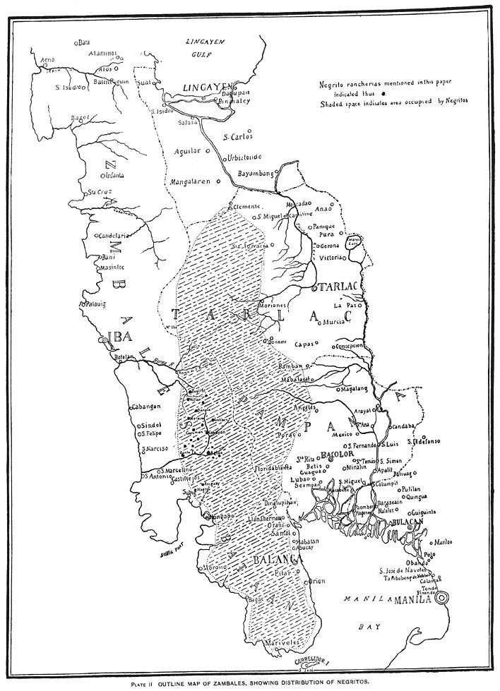 Outline map of Zambales, showing distribution of Negritos.