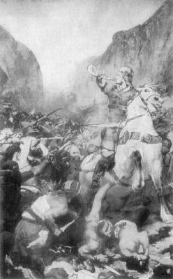 A painting showing Roland in the battle of Ronceval, riding his horse Brilliador and raising a horn to his lips. Dead and wounded men lie at his feet, and the army of Saracens are all around him.