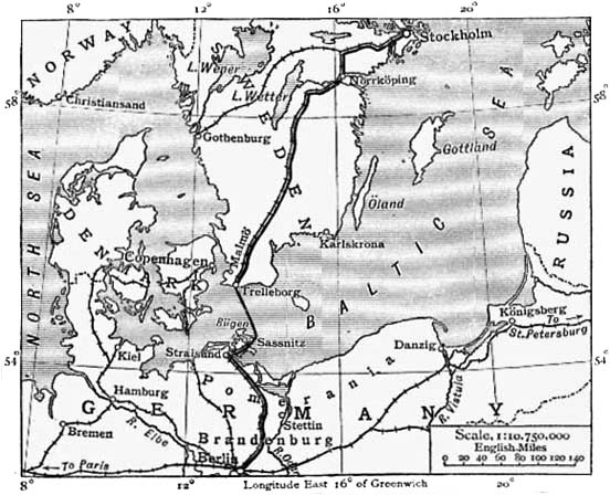 MAP SHOWING JOURNEY FROM STOCKHOLM TO BERLIN.