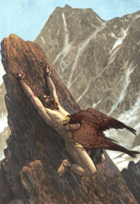 Prometheus is shackled to an outcrop of rock. An eagle is perched on him, pecking at his flesh.