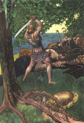 Perseus, sword raised, prepares to cut off the head of the sleeping Medusa. Snakes in her hair rear up, while her two sister sleep beside her.