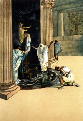 Two figures raise their arms, while a third kneels, before an altar standing between two pillars. A fourth person stands watching in the background.