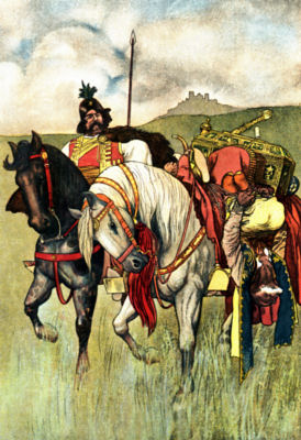 A man is bound and tied upside down on the back of a white horse, which is being led by another rider.