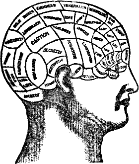 A head divided into sections labelled with various emotions (illegible).