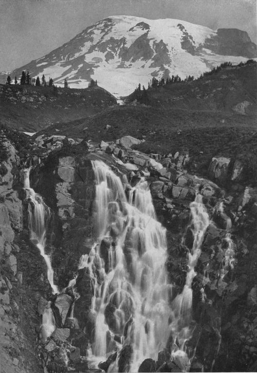 Waterfall from snowfields on ridge above Paradise Valley.