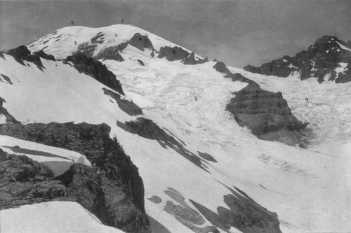 Looking up from Cowlitz Chimneys to Gibraltar and the summit.