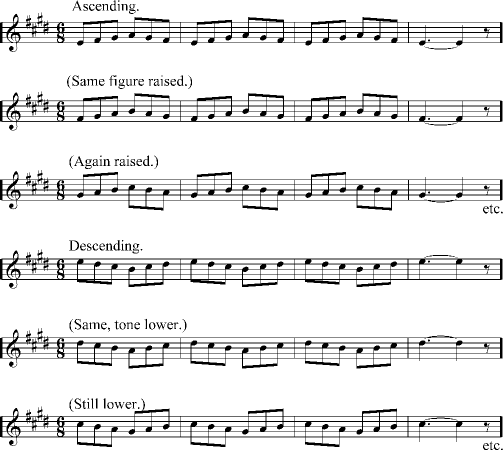 Vocal exercise in E: Ascending./ (Same figure raised.)/ (Again raised.) etc./ Descending./ (Same, tone lower.)/ (Still lower.) etc.