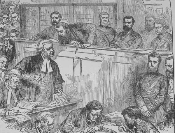 1 Austin——. 2 Geo. McDonald. 3 Officer. 4 Geo. Bidwell. 5 Officer. 6 Noyes. 7 Mr. Straight, Q.C. McDONALD SPEAKING TO MR. STRAIGHT, Q.C., DURING THE TRIAL.