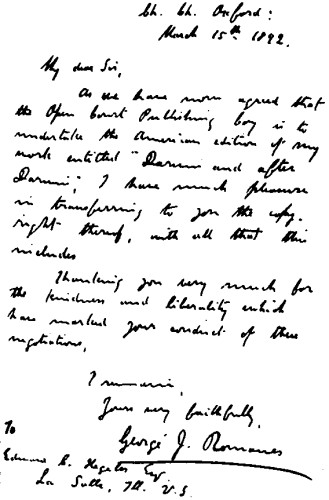 Letter from George Romanes to Edward Hageler