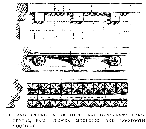 Cube and Sphere in Architectural Ornament: Brick Dental, Ball Flower Moulding, and Dog-tooth Moulding.