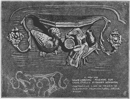 C. 1460-1480 Wood Carving Miserere Seat Choir Stalls St. David's Cathedral. Controlling Line in Design of Subsidiary Architectural Decoration.