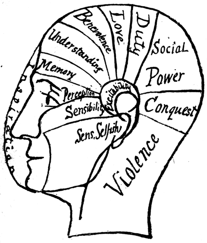 Head with lines and areas marked with 13 items, including Conquest, Excitability and Benevolence.