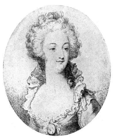 AN OLD PRINT OF "MARIE ANTOINETTE," SHOWING THE SIMPLICITY OF ADORNMENT SHE AFFECTED.  "MECHLIN" LACE.