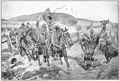 BEFORE LADYSMITH—HORSE ARTILLERY GALLOPING TO TAKE UP A NEW POSITION. Drawn by R. Caton Woodville.